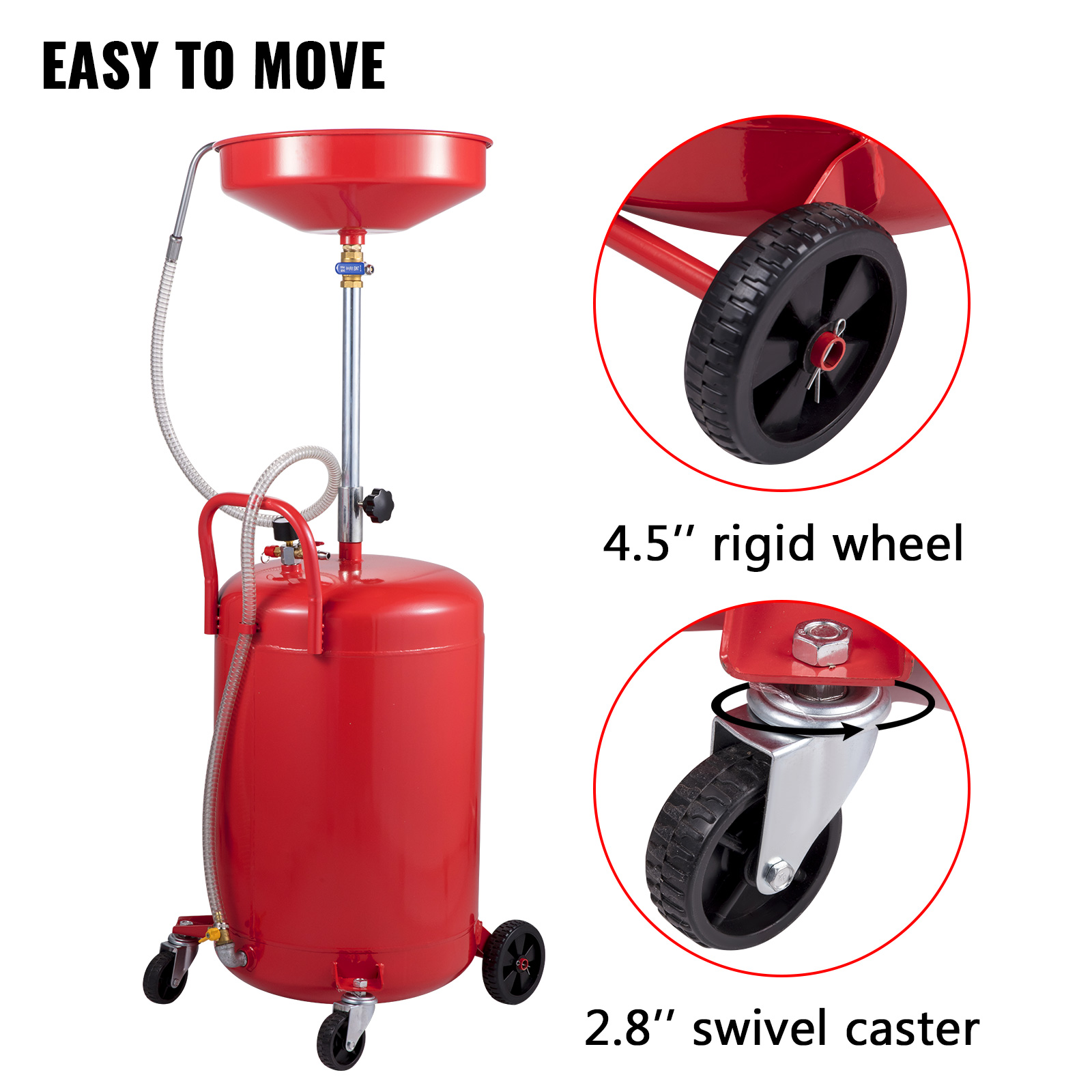 VEVOR waste oil drain tank with 4.5" rigid wheels and 2.8" swivel casters.