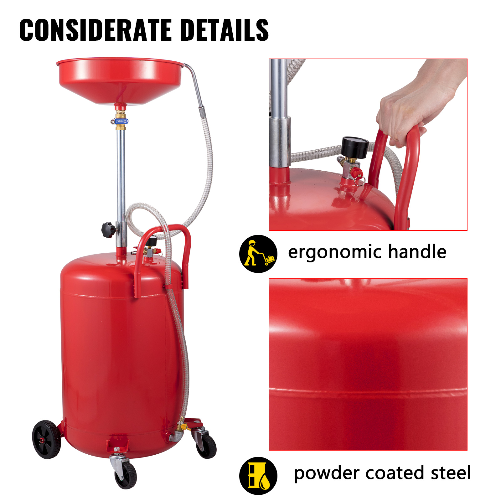VEVOR waste oil drain tank features ergonomic handle and powder-coated steel.