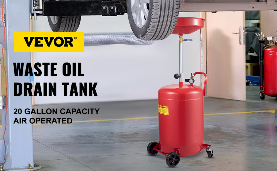 VEVOR waste oil drain tank in garage, 20-gallon capacity, air operated.