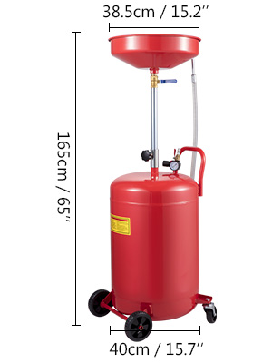 VEVOR waste oil drain tank, 165cm height, red with wheels and measurement labels
