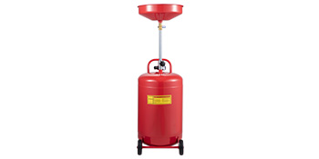 red VEVOR waste oil drain tank with a large funnel and wheels for easy mobility.