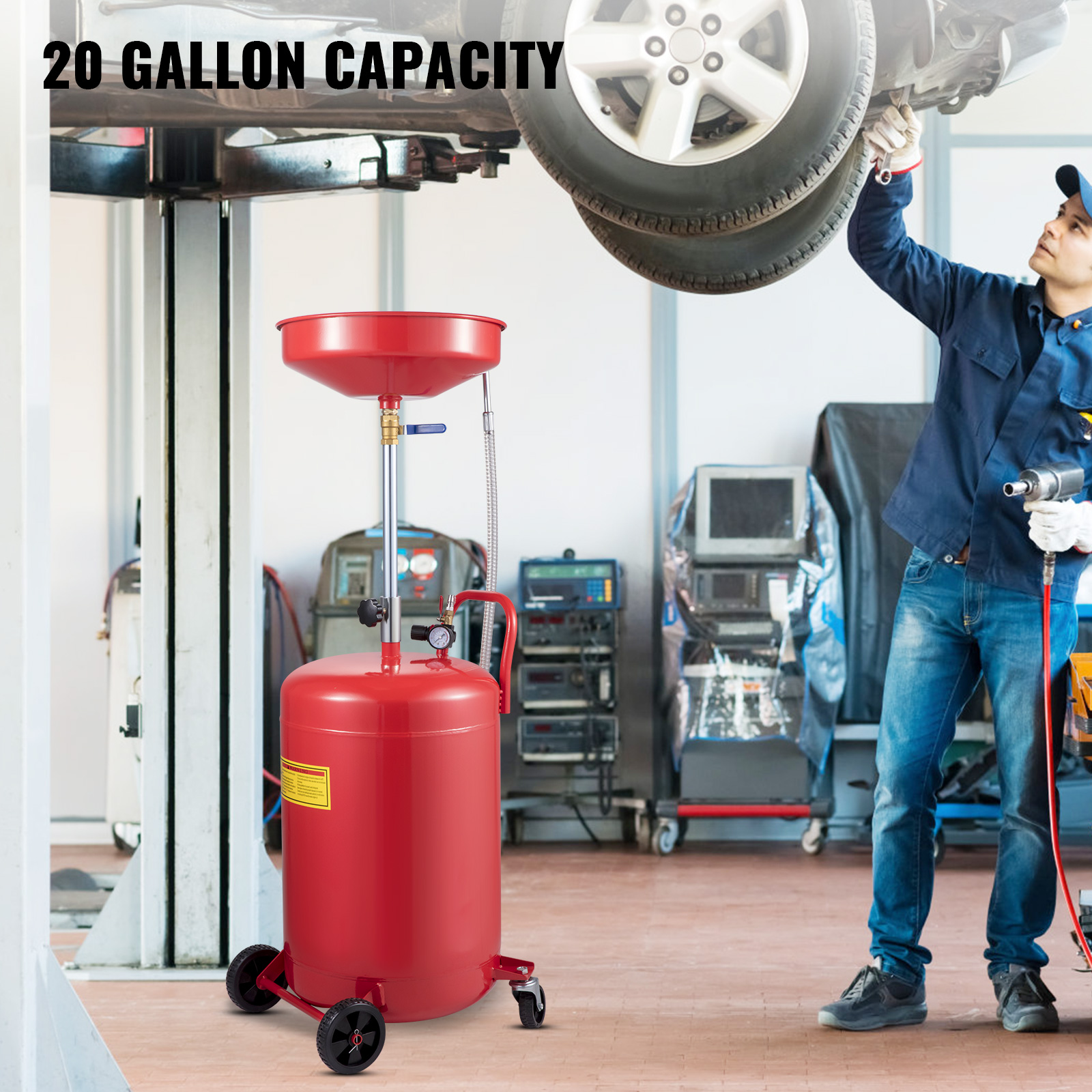 VEVOR waste oil drain tank in auto repair shop, 20-gallon capacity with red body and hose.