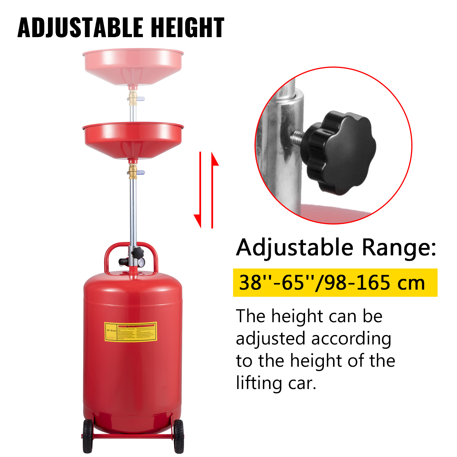 VEVOR waste oil drain tank, adjustable height range 38''-65'' (98-165 cm), red color.
