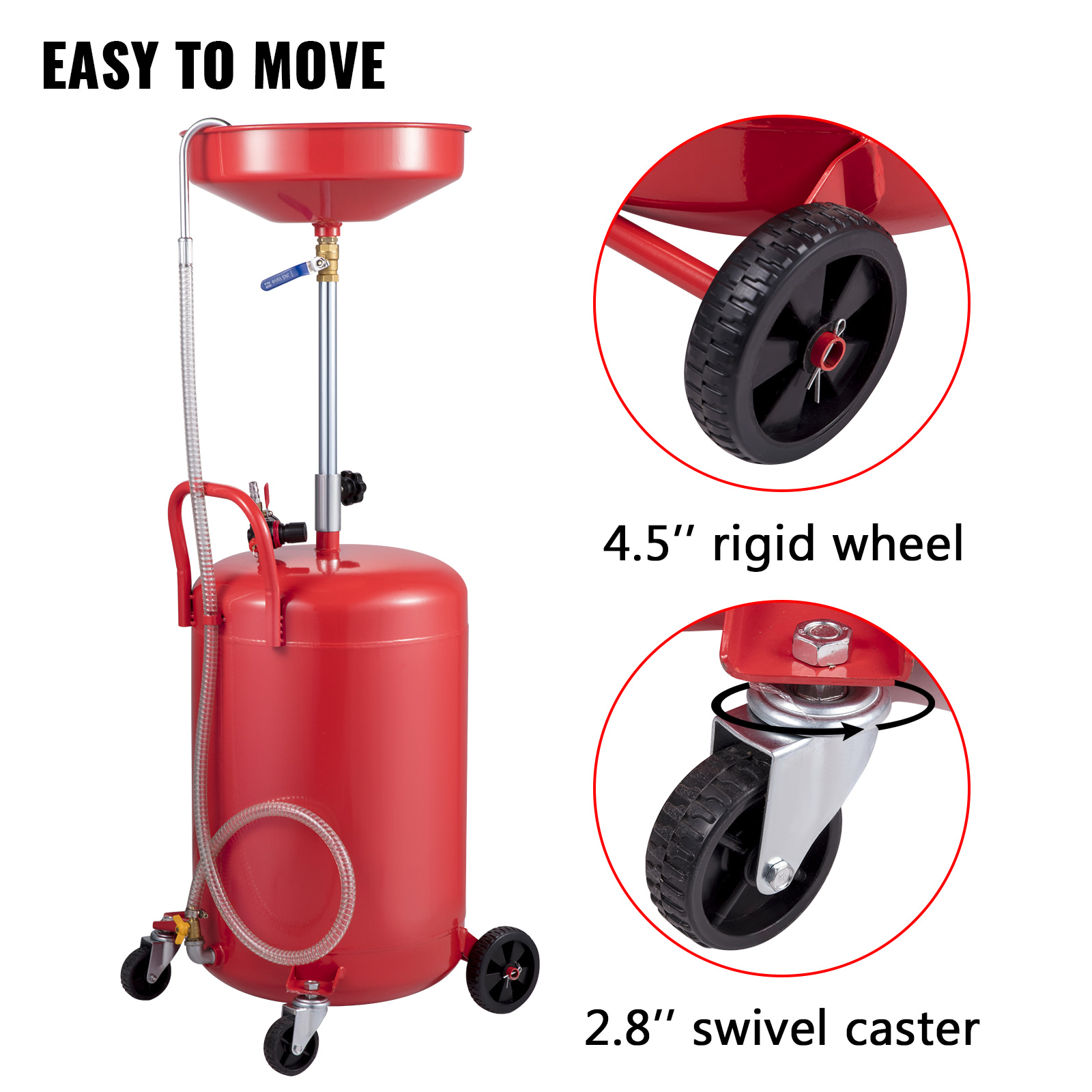 VEVOR waste oil drain tank with 4.5" rigid wheels and 2.8" swivel casters.