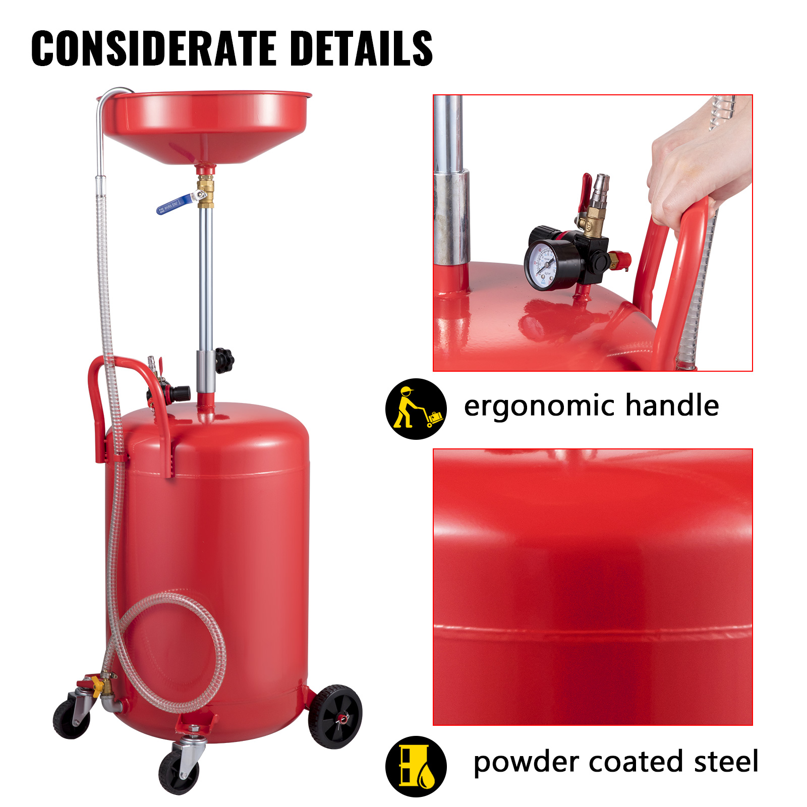 VEVOR waste oil drain tank with ergonomic handle and powder-coated steel body.