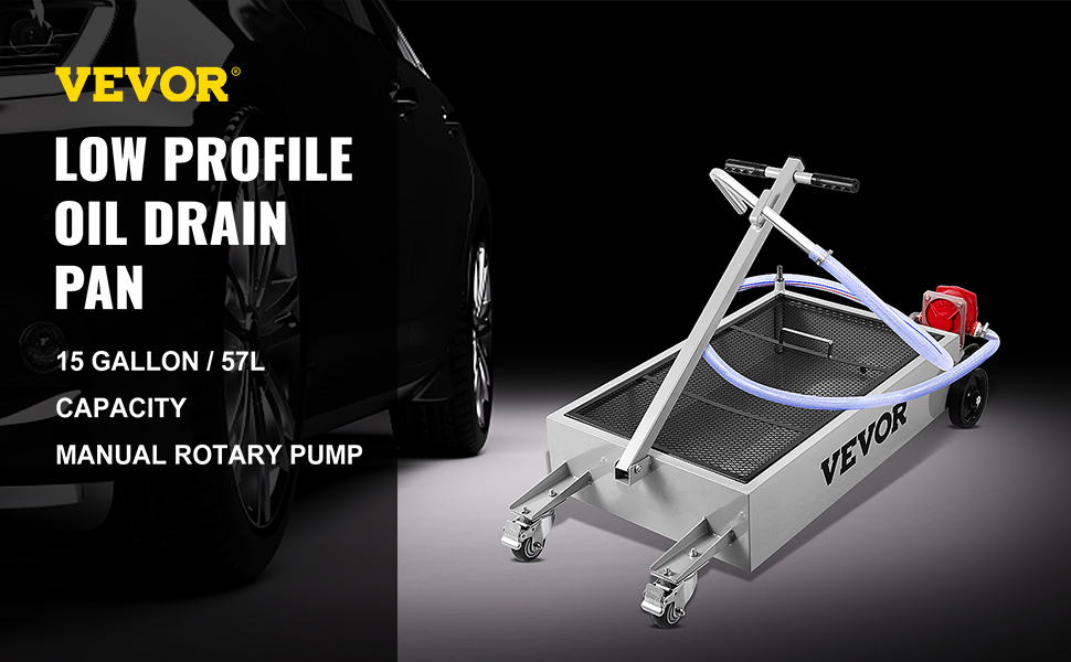 VEVOR oil drain pan with manual rotary pump, 15-gallon capacity.
