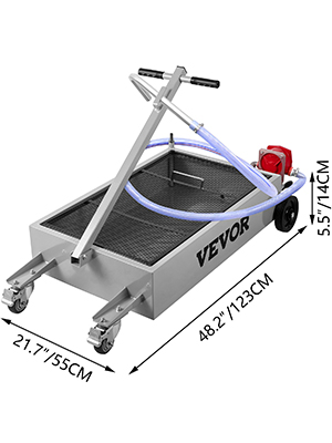 VEVOR oil drain pan with wheels and handle, dimensions: 48.2"x21.7"x5.5".