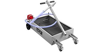 VEVOR oil drain pan on wheels with a handle and attached hose, featuring red and blue accents.