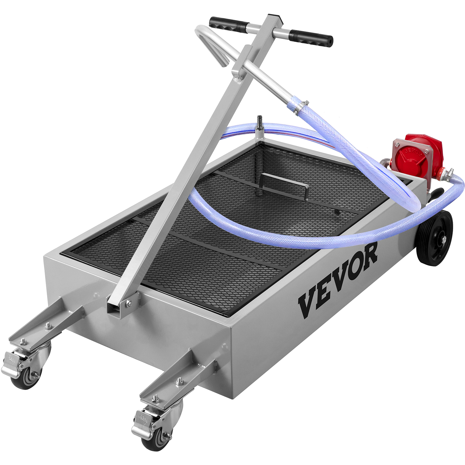 VEVOR oil drain pan with large capacity, handle, hose, and rolling wheels.