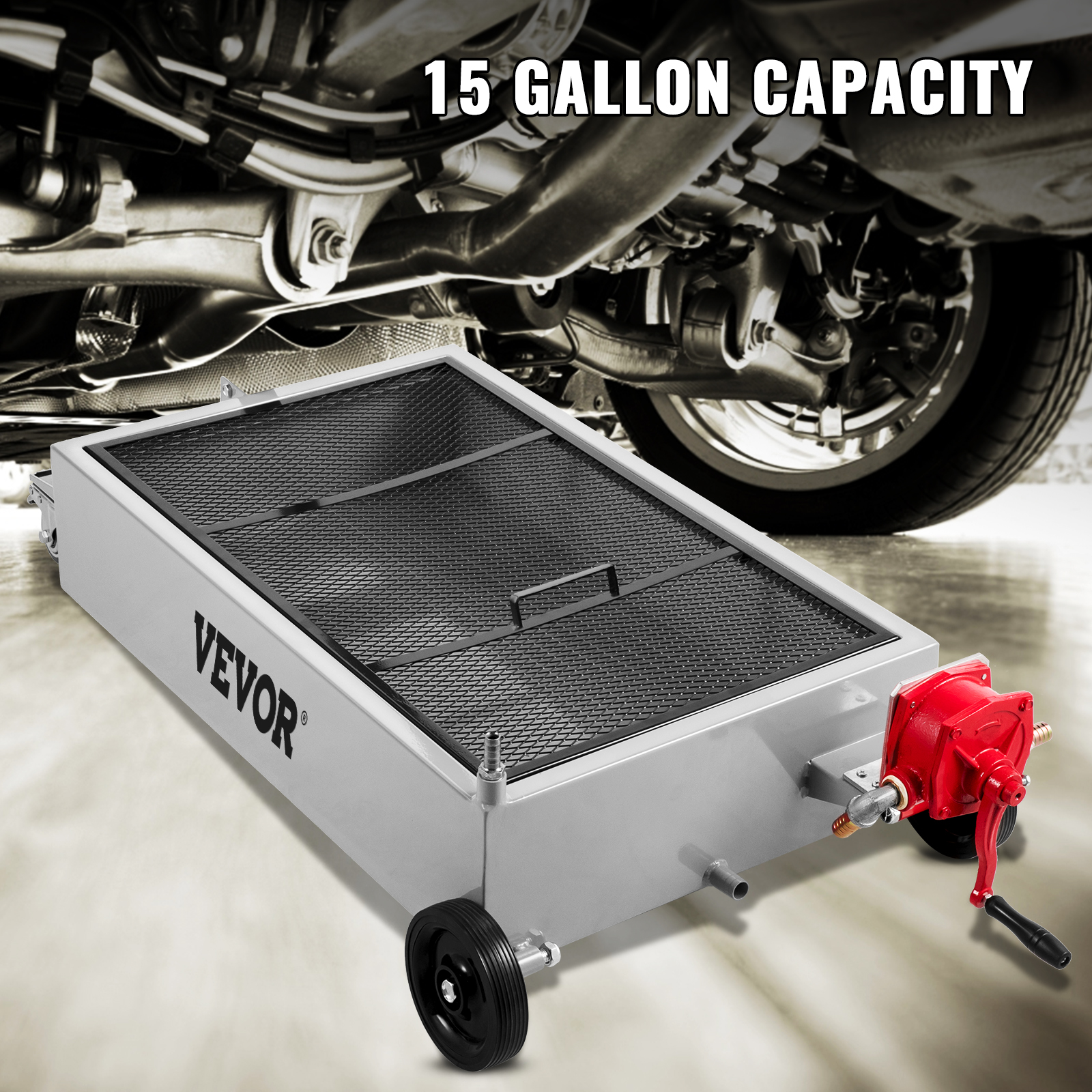 VEVOR oil drain pan, 15-gallon capacity, under a car with a red pump and wheels.