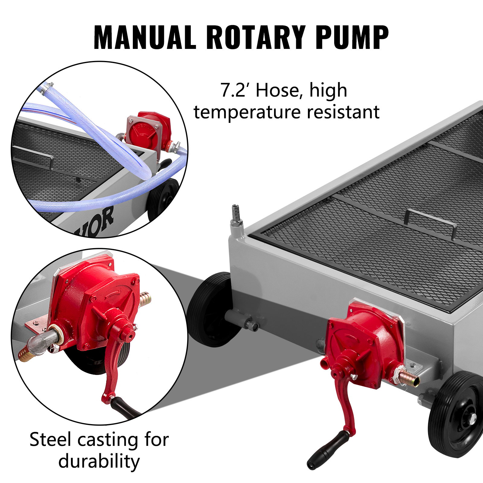 VEVOR oil drain pan with steel rotary pump and 7.2' high-temperature resistant hose.