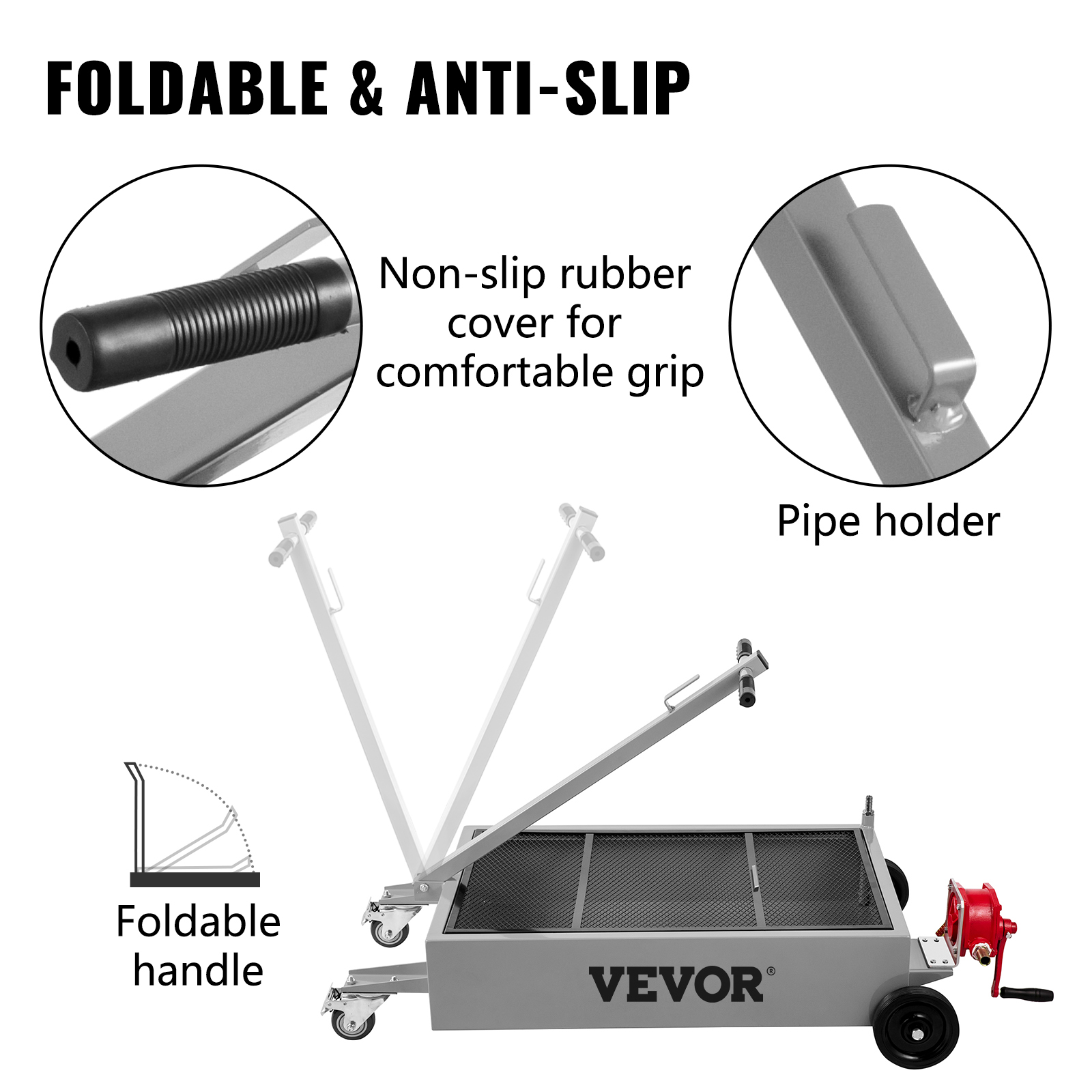 VEVOR oil drain pan with foldable handle and anti-slip rubber grip.