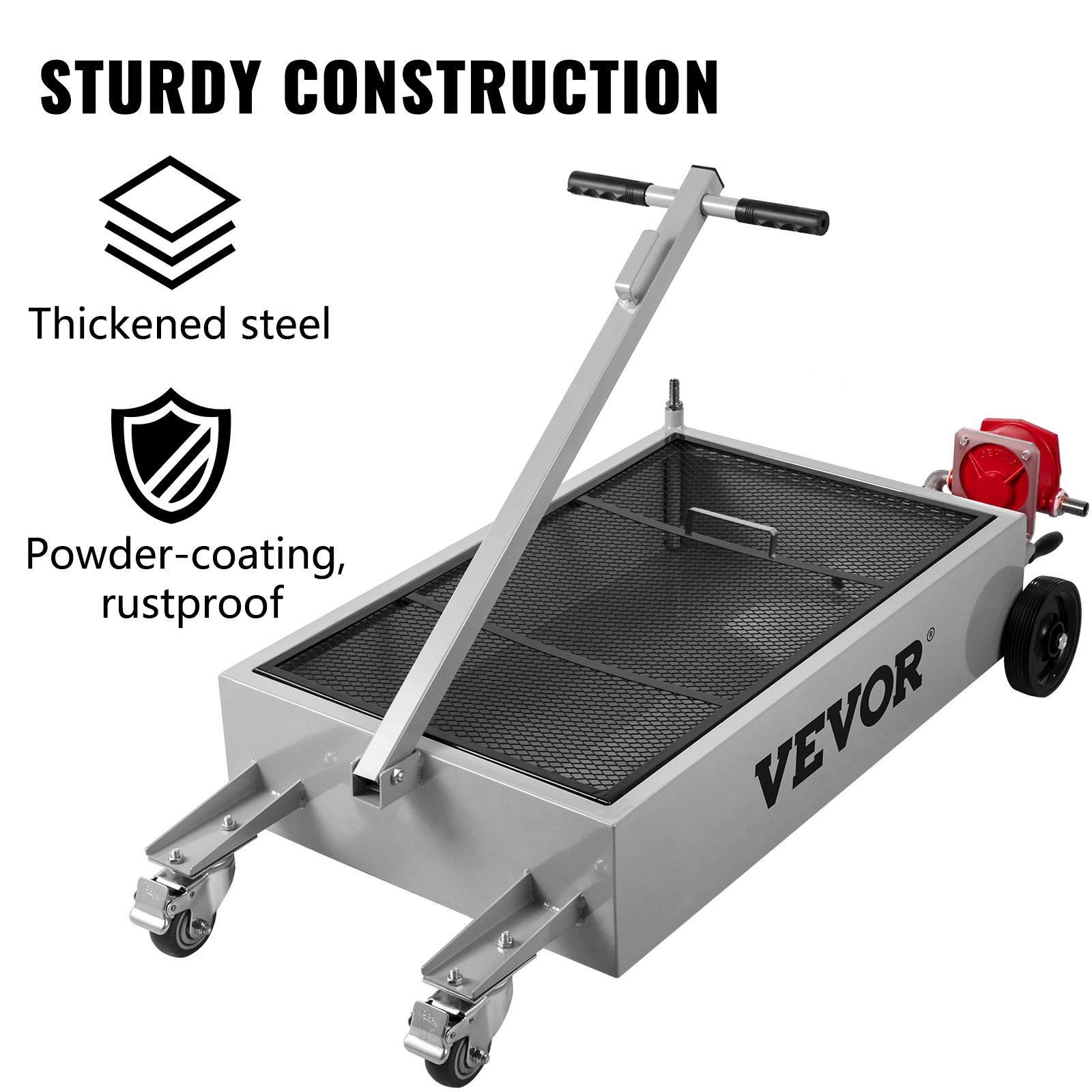 VEVOR oil drain pan with sturdy construction, thickened steel, and powder-coating.