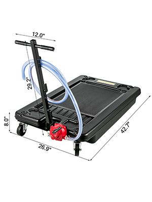 VEVOR portable oil drain pan with dimensions and flexible hose.