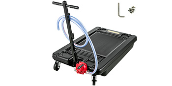 VEVOR portable oil drain pan with hose, wheels, and accessory kit in black.