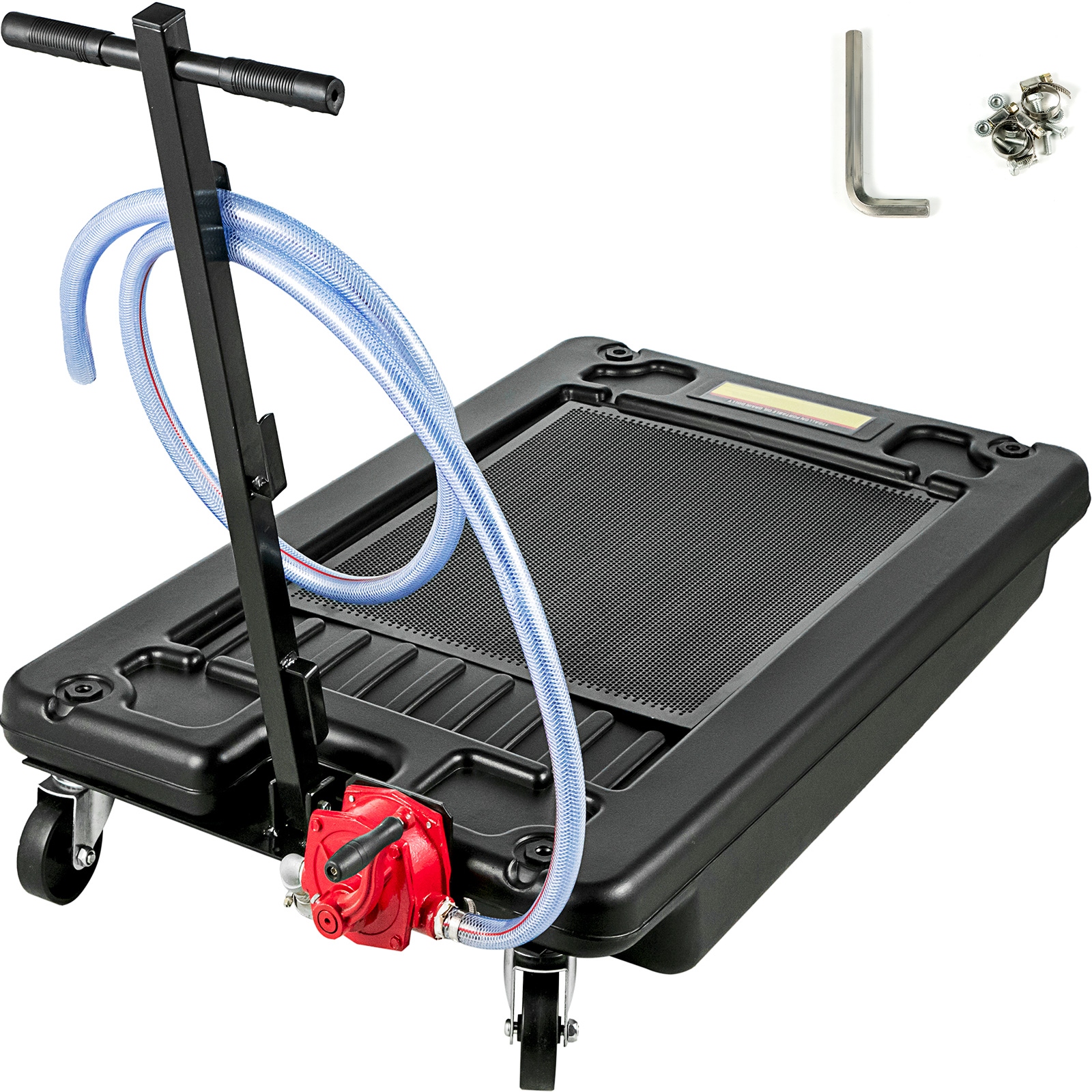 VEVOR portable oil drain pan with hose, a handle, and included hardware.