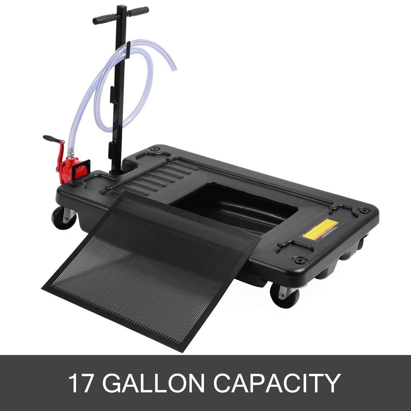 VEVOR portable oil drain pan with 17 gallon capacity, hose, and mesh screen.