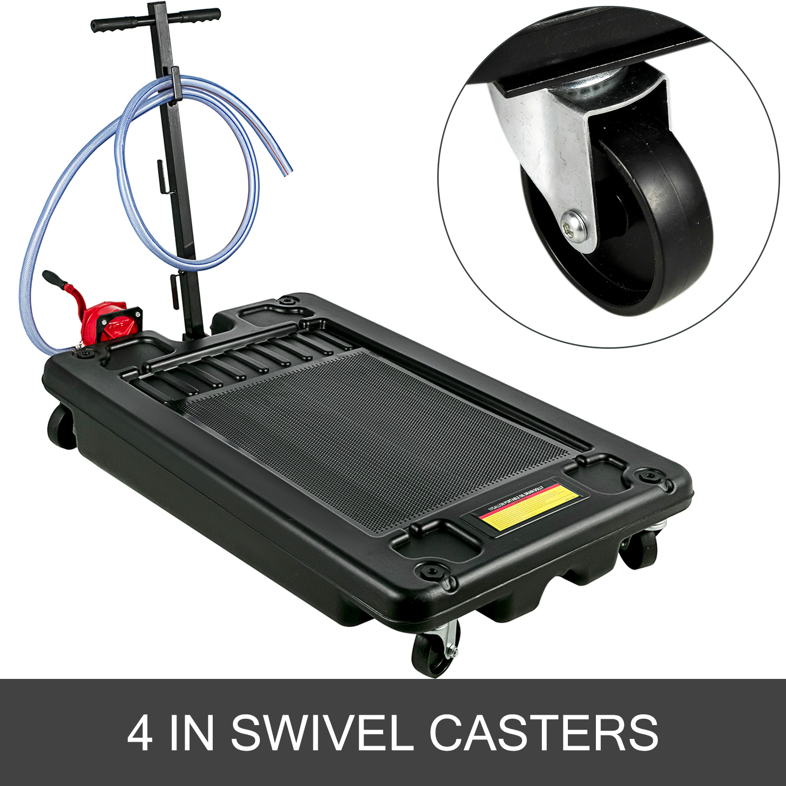 VEVOR portable oil drain pan with hose and 4 in swivel casters.