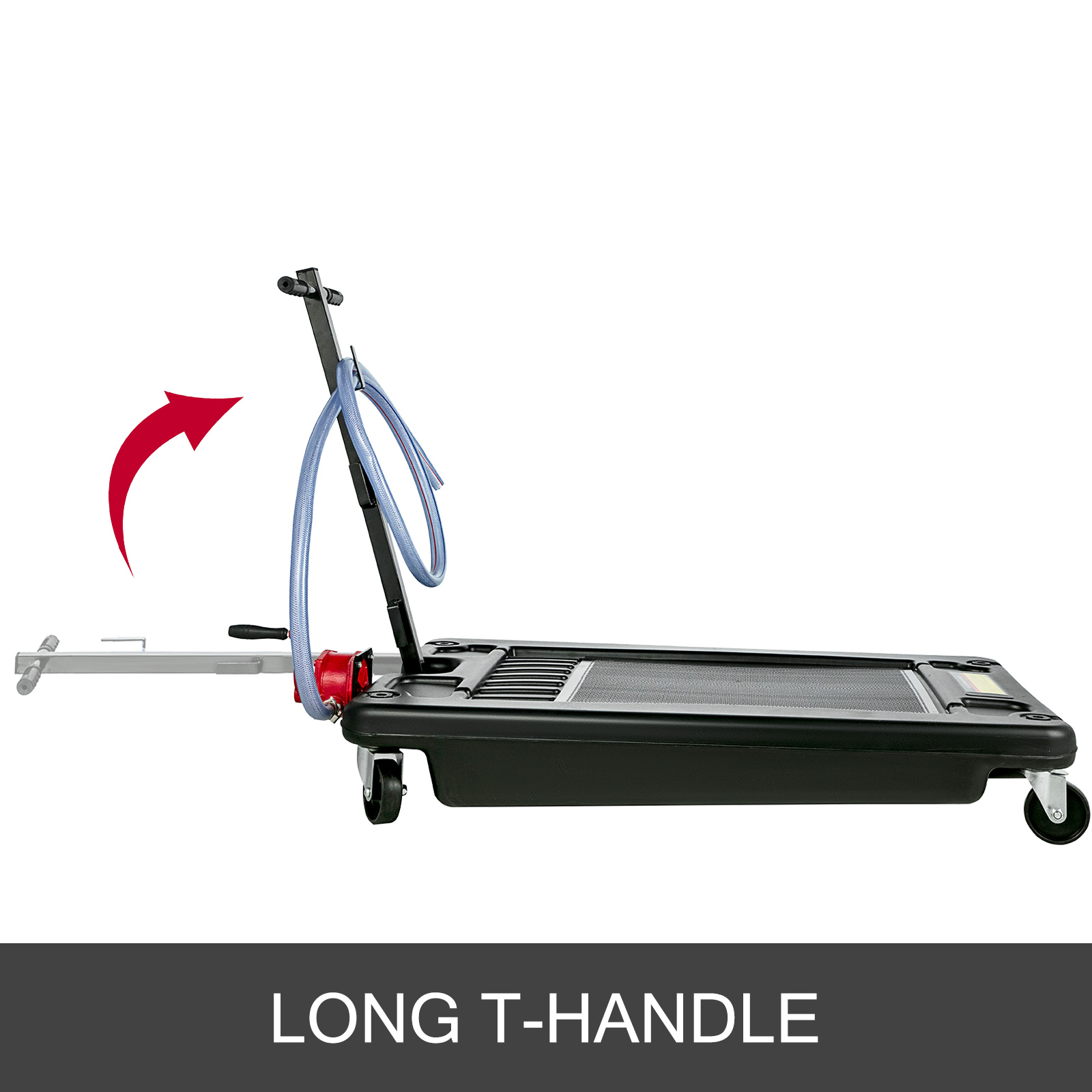 VEVOR portable oil drain pan with long t-handle and blue hose for easy maneuvering.