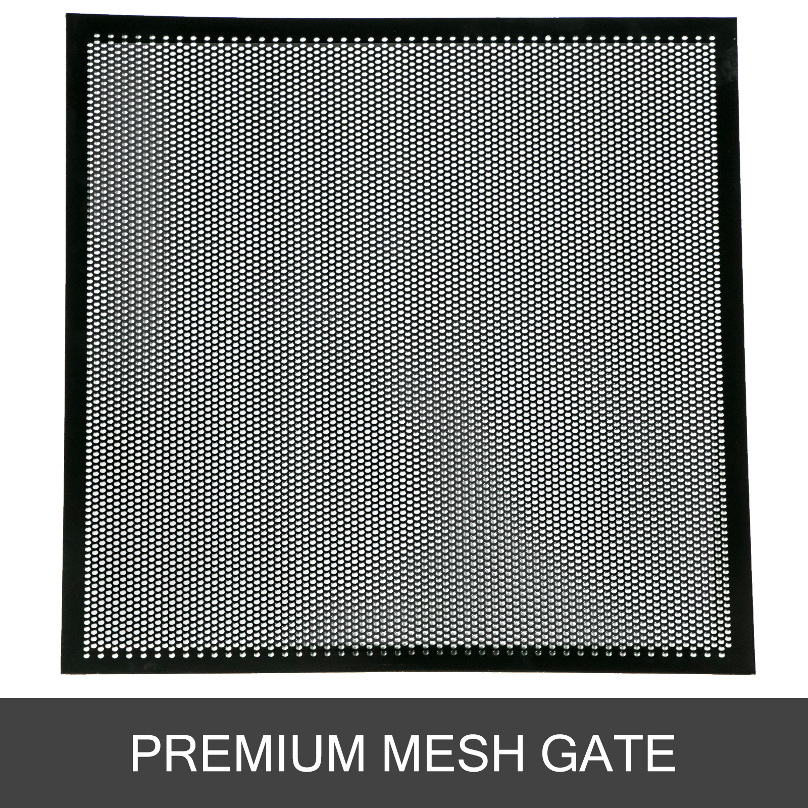 black premium mesh gate with a grid pattern, labeled "premium mesh gate".
