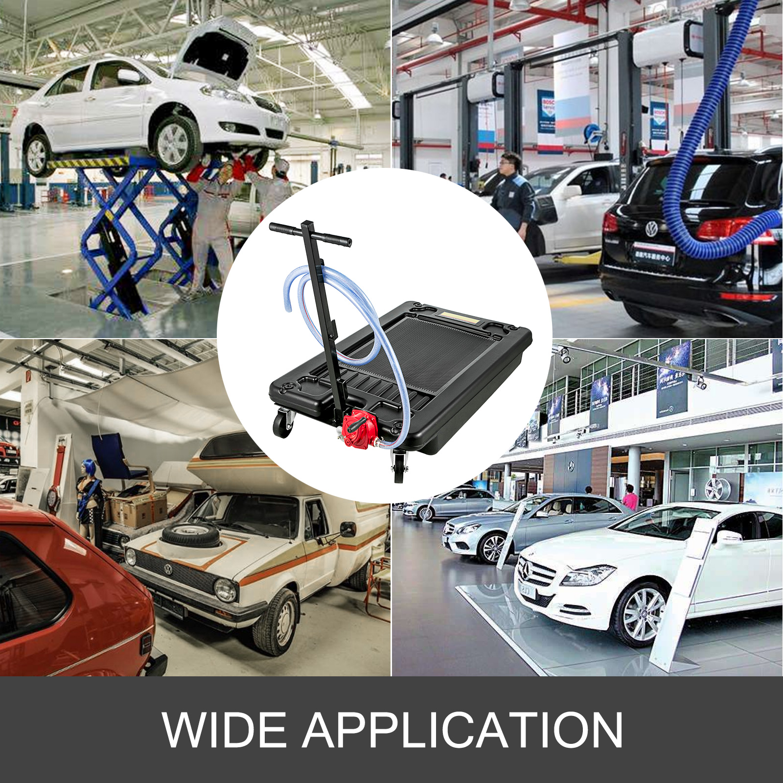 VEVOR portable oil drain pan in various automotive service environments, highlighting wide application.
