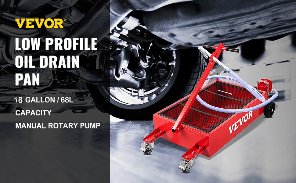 VEVOR oil drain pan with manual rotary pump, 18-gallon capacity, under a vehicle.