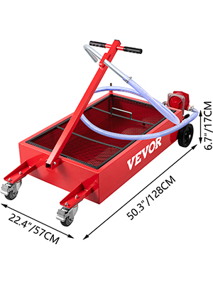 VEVOR oil drain pan with red frame, handle, and wheels, dimensions 50.3x22.4x6.7 inches