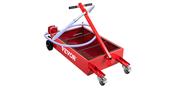 red VEVOR oil drain pan with wheels, handle, and hose for easy mobility and use.