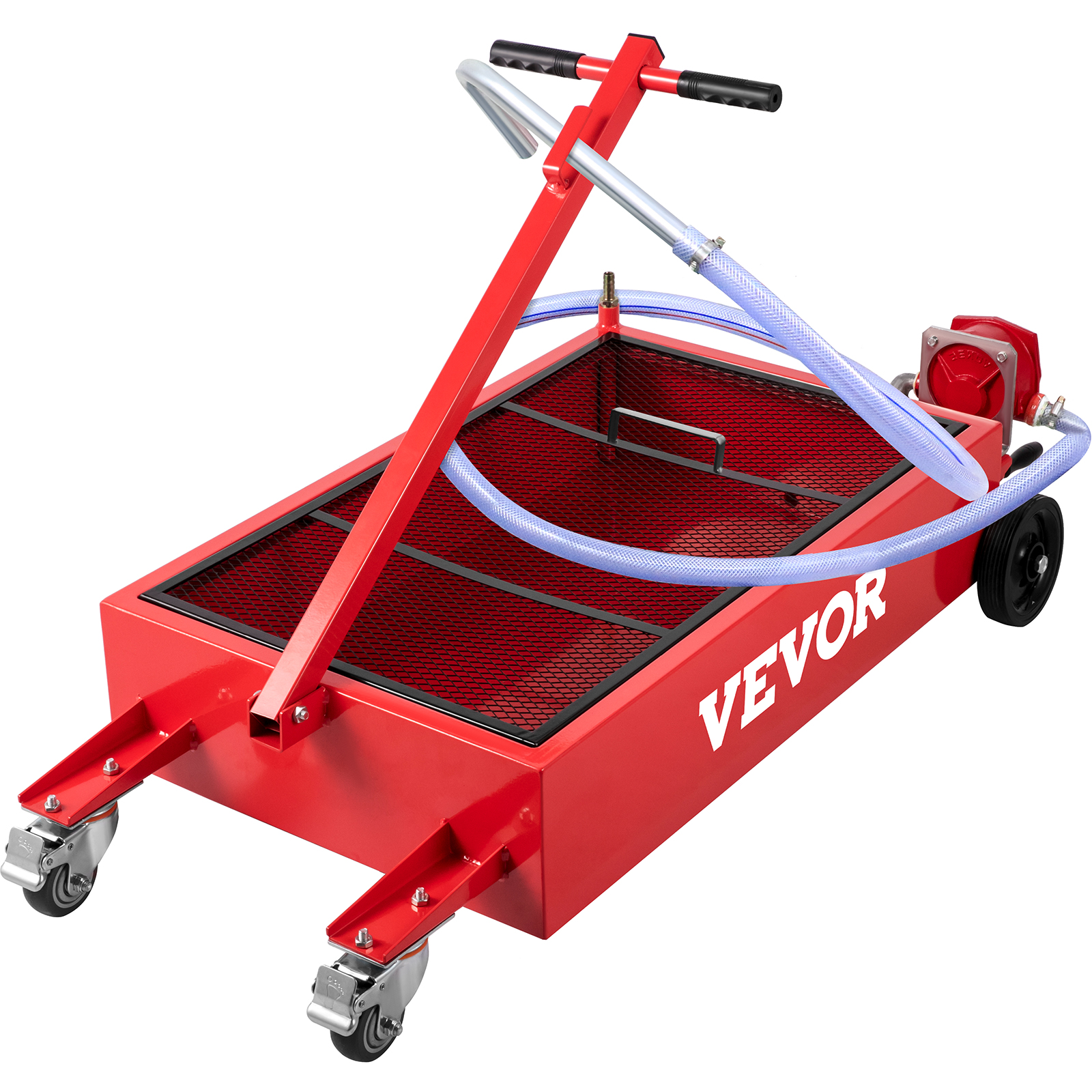 red VEVOR oil drain pan with hose and wheels for easy mobility.