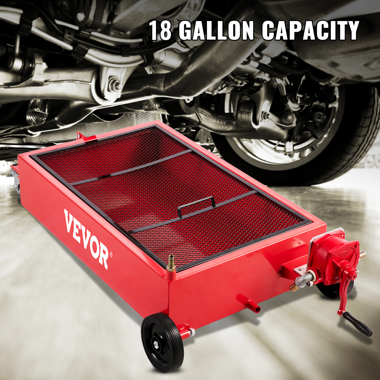 VEVOR oil drain pan with 18-gallon capacity under a car for oil collection.
