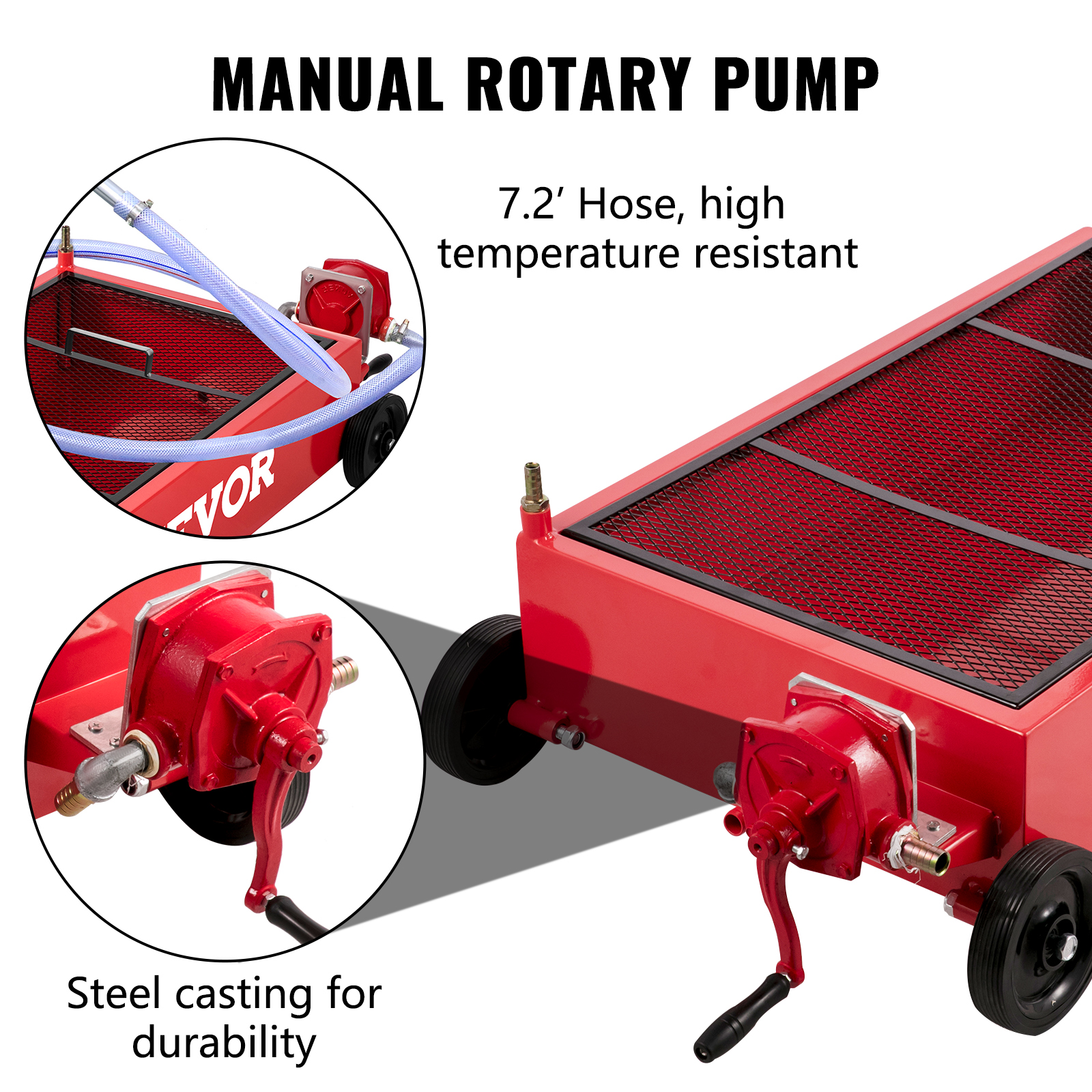 VEVOR oil drain pan with manual rotary pump, 7.2' high-temperature hose, steel casting.