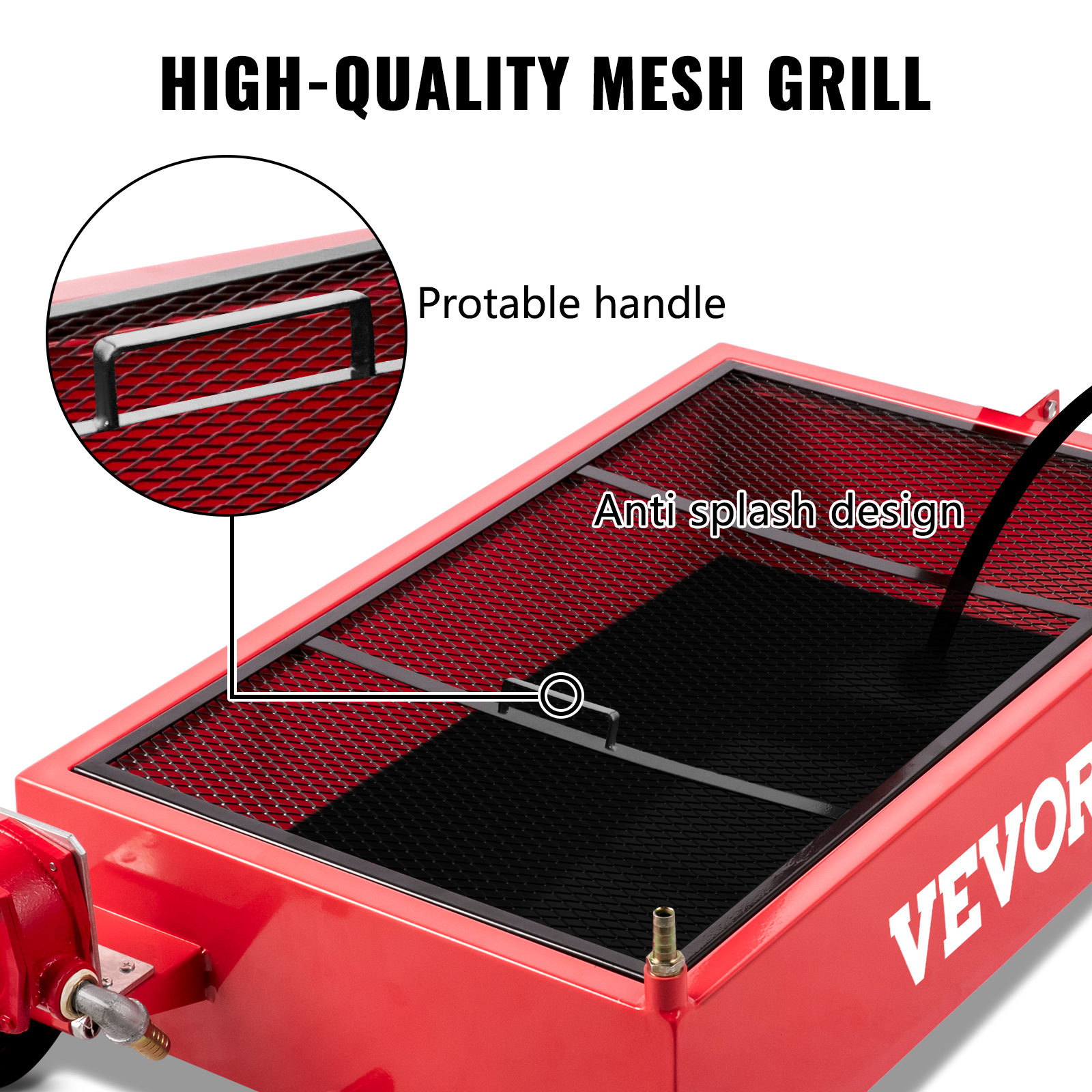 VEVOR oil drain pan with high-quality mesh grill, protatable handle, and anti-splash design.