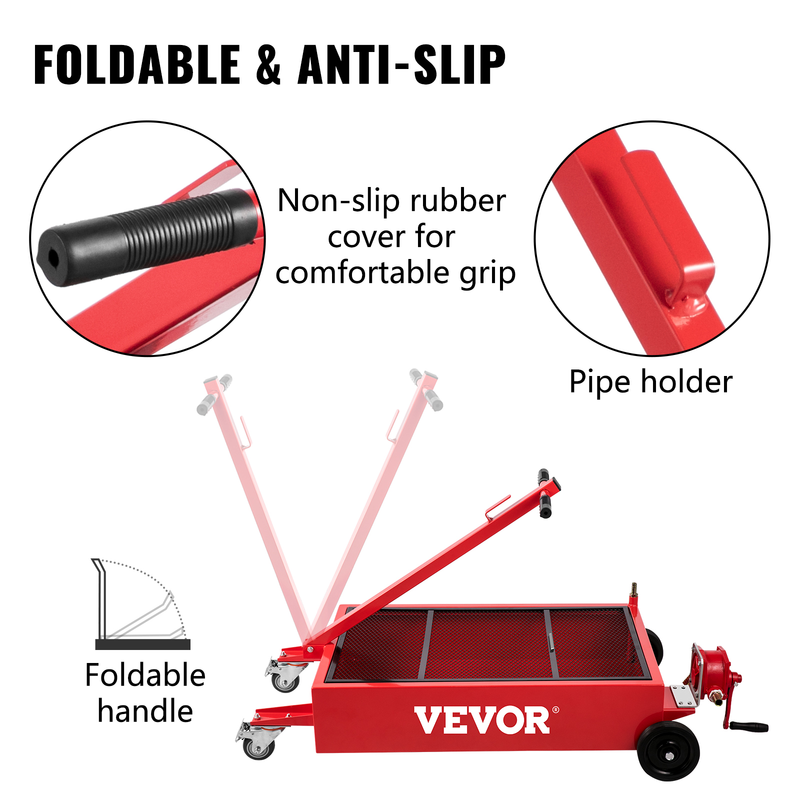 VEVOR oil drain pan with foldable handle, non-slip grip, and pipe holder.