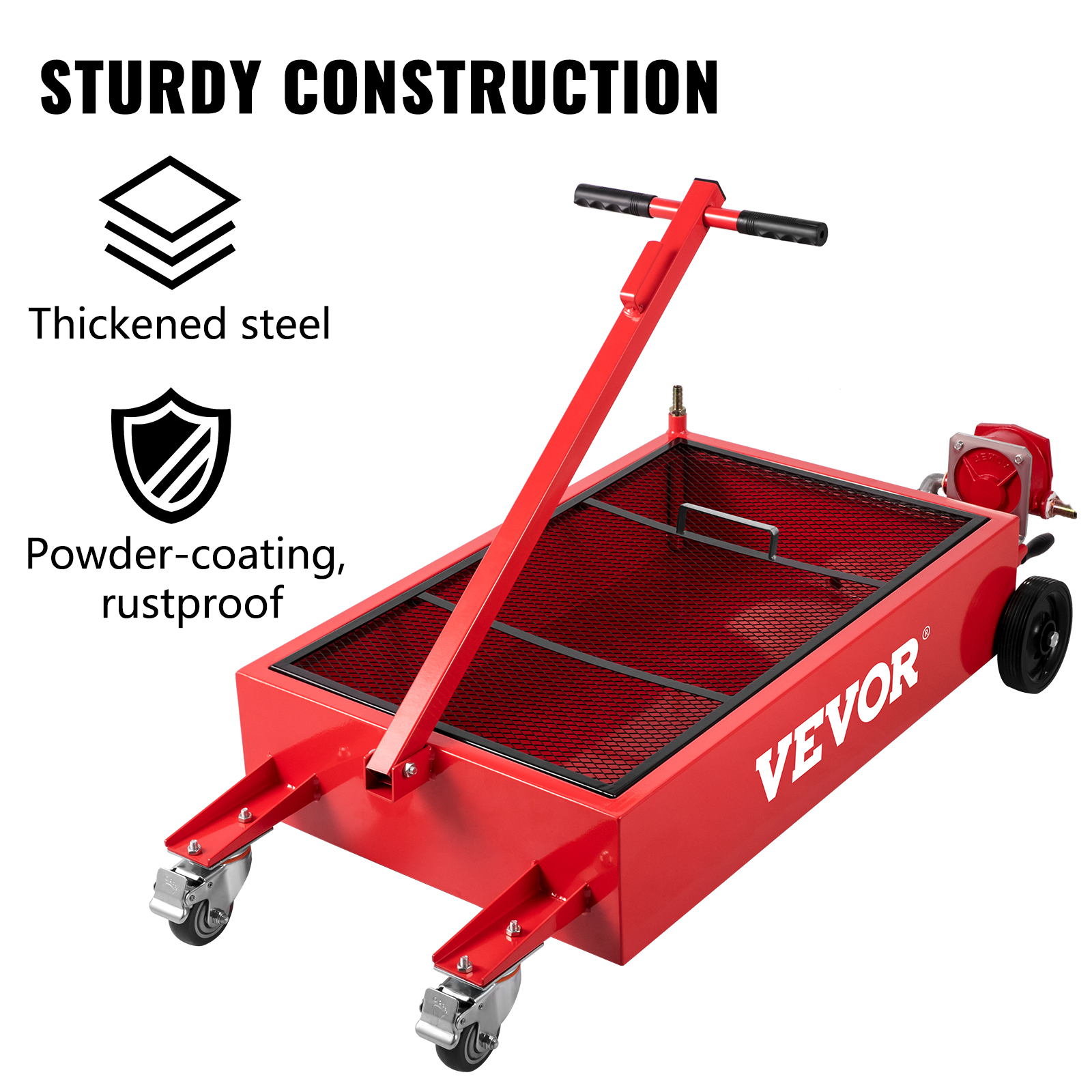 VEVOR oil drain pan in red with sturdy, rustproof powder-coated steel construction.