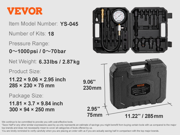 VEVOR diesel engine compression tester with case, model ys-045, 18 kits, 0-1000 psi, 11.22"x9.06" size.