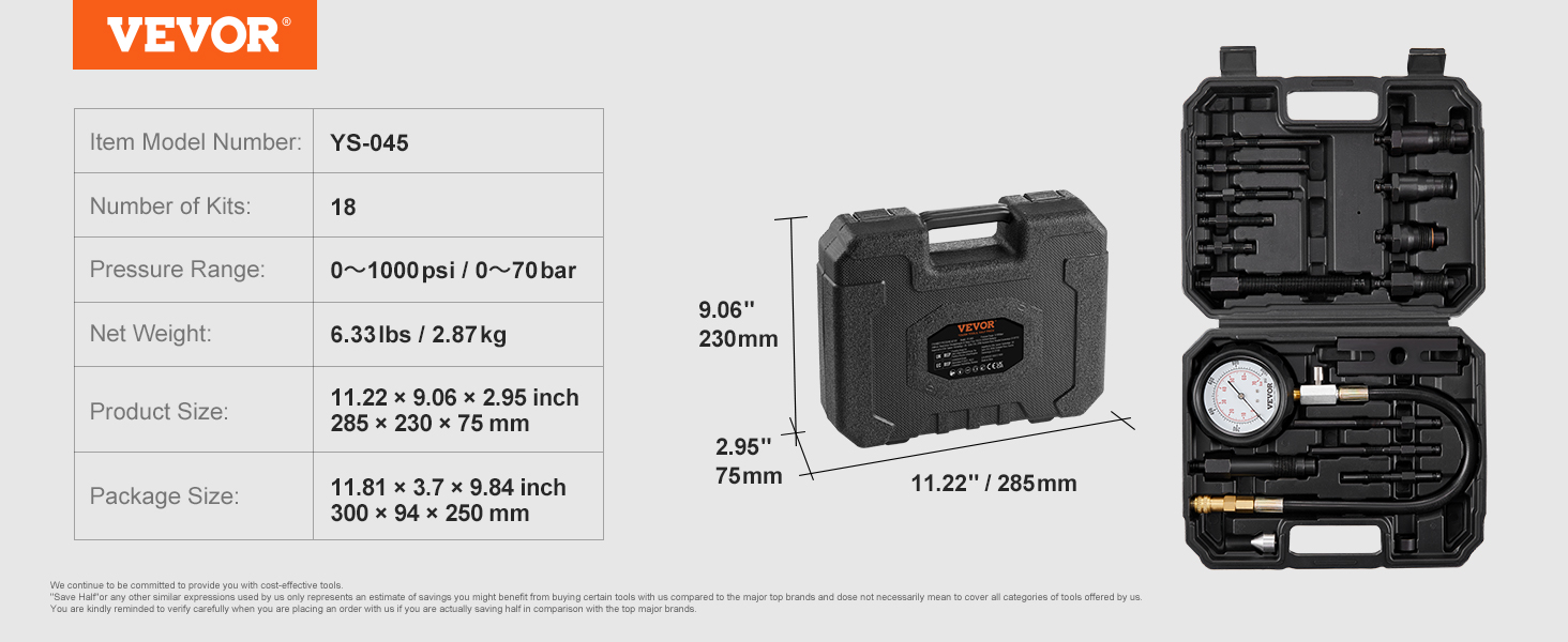 VEVOR diesel engine compression tester with case, model ys-045, 18 kits, 0-1000 psi, 11.22"x9.06" size.