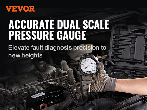 VEVOR diesel engine compression tester in use with accurate dual scale pressure gauge next to engine.
