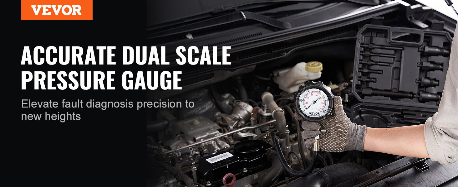 VEVOR diesel engine compression tester in use with accurate dual scale pressure gauge next to engine.