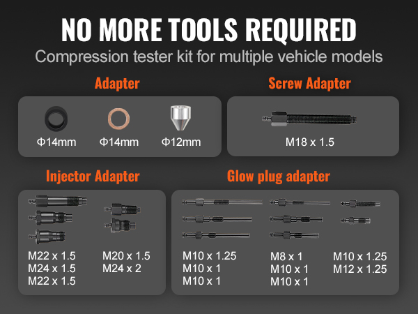 no more tools required: VEVOR diesel engine compression tester kit with various adapters and fittings.