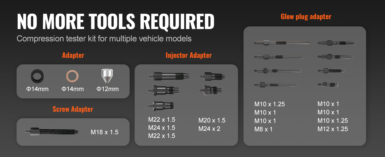 no more tools required: VEVOR diesel engine compression tester kit with various adapters and fittings.