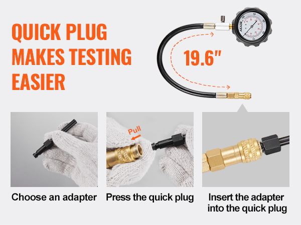 quick plug for VEVOR diesel engine compression tester shown with 19.6-inch hose, adapter, and gauge.