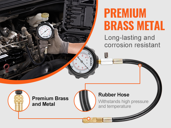 VEVOR diesel engine compression tester with premium brass and metal, high-pressure rubber hose.