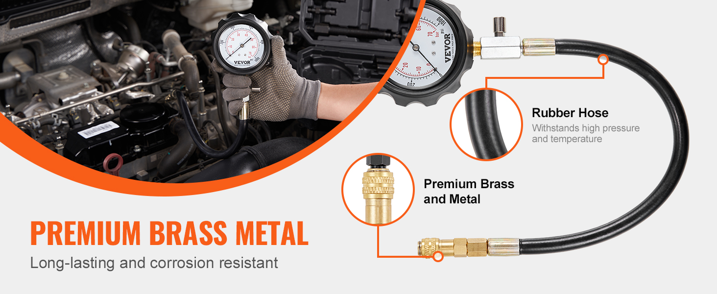 VEVOR diesel engine compression tester with premium brass and metal, high-pressure rubber hose.