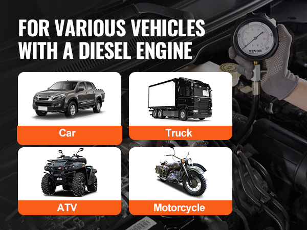 VEVOR diesel engine compression tester for car, truck, atv, and motorcycle.