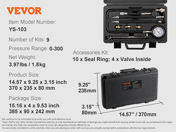 VEVOR compression tester kit ys-103, includes 9 pieces, with pressure 0-300 psi, in a 14.57" case.