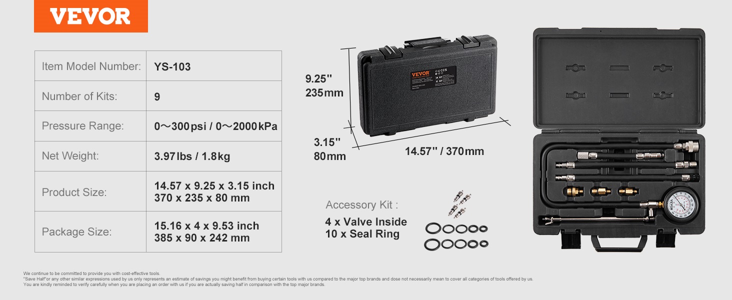 VEVOR compression tester kit ys-103, includes 9 pieces, with pressure 0-300 psi, in a 14.57" case.