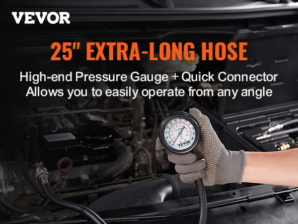 VEVOR compression tester kit with 25" hose and pressure gauge in a mechanic's hand over a car engine.