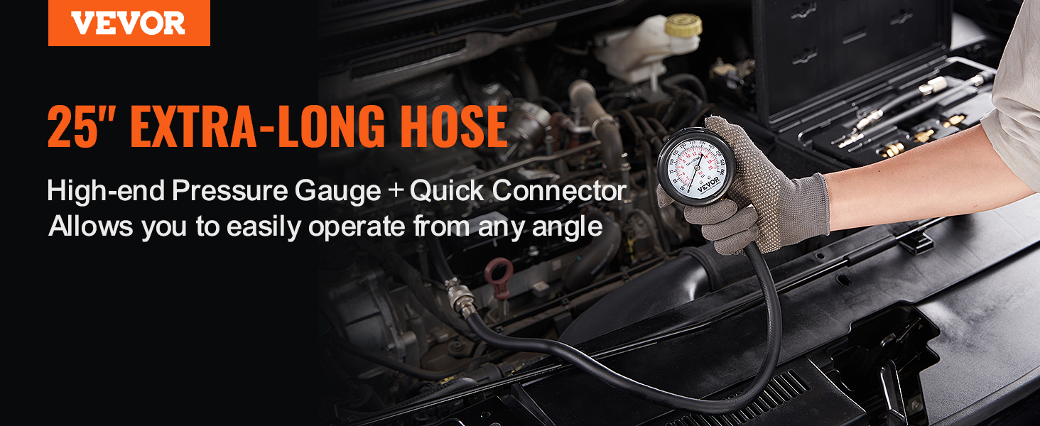 VEVOR compression tester kit with 25" hose and pressure gauge in a mechanic's hand over a car engine.