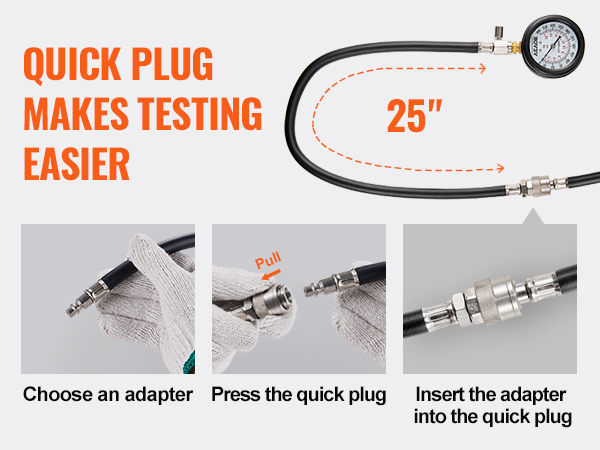 quick plug illustration for VEVOR compression tester kit shows easy 3-step adapter connection.