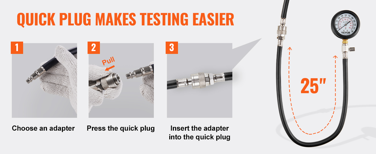 quick plug illustration for VEVOR compression tester kit shows easy 3-step adapter connection.